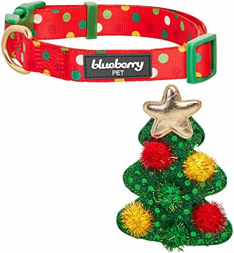 Blueberry Pet Polka Dot Christmas Dog Collar with Tree Décor, Small Adjustable 12"-16" Neck, Festive Holiday Collar for Small Dogs