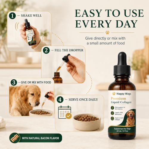 Happy Wags Premium Liquid Collagen for Dogs, Skin, Coat & Joint Wellness Support, Dog Supplement with Types I, II & III Collagen, Hyaluronic Acid & Vitamin C, 60 mL / 2 Fl Oz