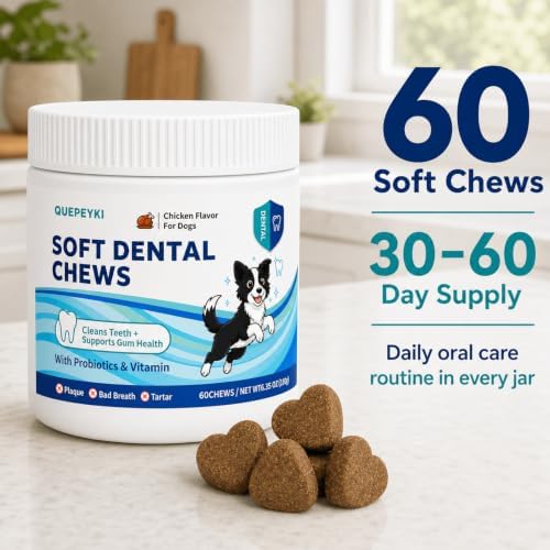 Dog Dental Chews for Bad Breath, 60 Soft Chicken Chews