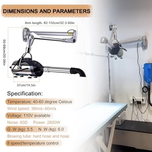 Wall Mounted Dog Blower Grooming Dryer for Large Dogs - 2800W High Velocity Professional Pet Hair Dryer - 8-Temp Adjustable Speed and Adjustable Temperature - Low Noise