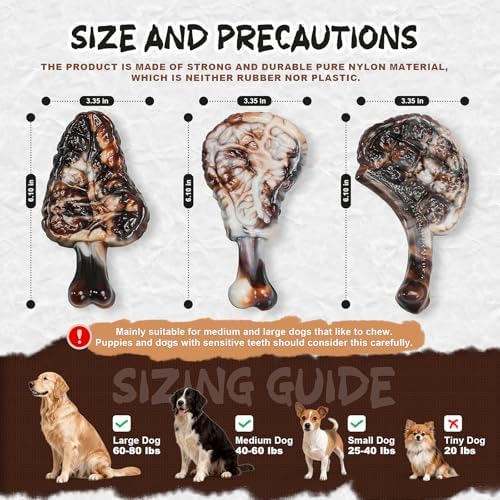 Dog Chew Toys for Aggressive Chewers,3 Tough Dog Toys for Medium and Large Breed, Real Bacon Flavored Best Dog Toys to Keep Them Busy, Dog Bones Steak for Teeth Cleaning and Training (Brown)