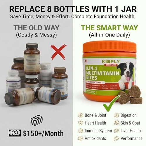 8-in-1 Dog Multivitamin Chews with Probiotics, Glucosamine & Omega 3 | Tasty daily soft chews help support overall wellness, digestion, mobility and a healthy coat for dogs of all ages.