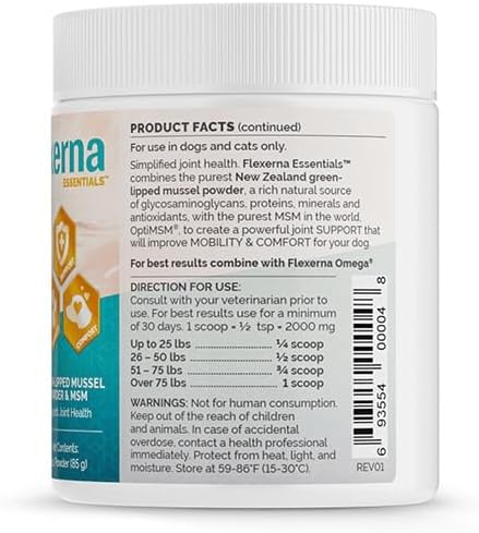 Flexerna Essentials Powder - Joint Supplement for Dogs - New Zealand Green Lipped Mussels for Dogs with MSM - Omega 3 Supplement with Glucosamine Chondroitin - A Whole Food Dog Joint Supplement Powder