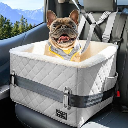 PETSFIT Small Dog Car Seat, Soft Foam, Storage Pockets, Detachable Leash, 30 lbs, Grey
