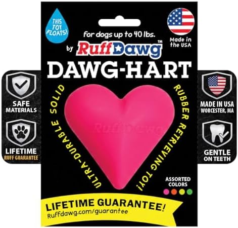 Ruff Dawg Indestructible Dawg-Hart (Heart) Medium 3” – Heavy-Duty Solid Rubber Dog Fetch Toy for Dogs Under 40 lbs – Floats & Crazy Bounce – Made in USA – Assorted Neon Colors