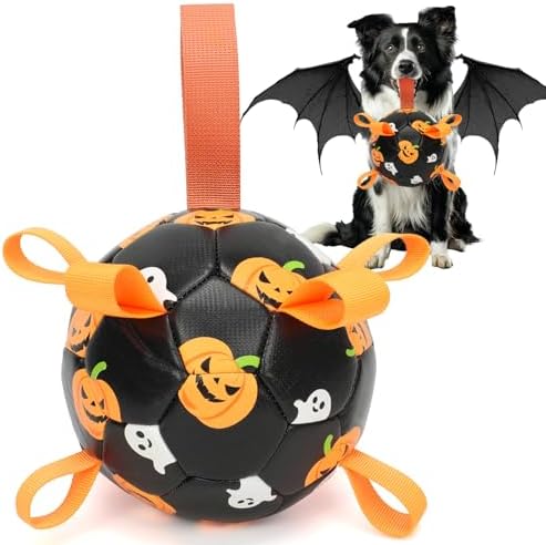 Dog Toys Balls, Dog Soccer Ball with Straps, Dog Birthday Gifts, Durable Balls for Small Medium Pet, Puppy Outdoor Toy, Pet Training Soccer Ball, World Cup Soccer (6 Inch) (Ghost, Large)