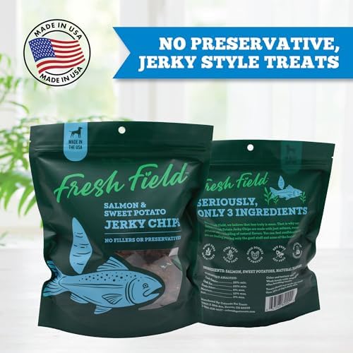 Fresh Field Salmon & Sweet Potato Jerky Chips, 5 oz – All-Natural Dog Treats, USA Made, No Fillers, Omega-3 Rich (Pack of 2)