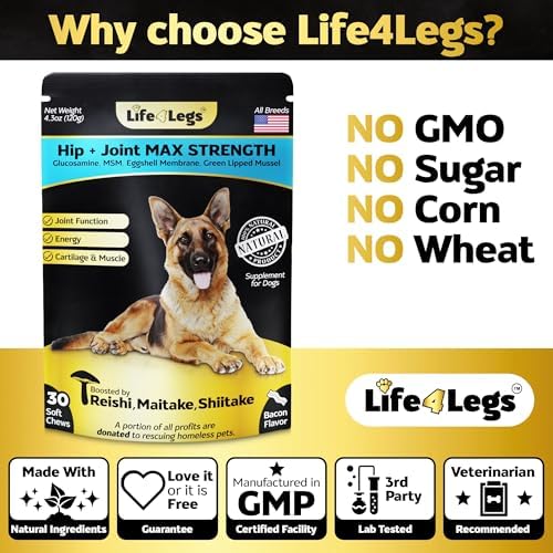Premium Hip and Joint Supplement for Dogs, Glucosamine for Dogs with Chondroitin, MSM, Turmeric & Omega 3, Daily Dog Joint Supplement Soft Chews, Bacon, 30 Count