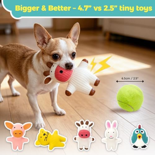 LECHONG Dog Squeaky Toys 5 Pack Latex Dog Toys for Small Dogs – Squeaky Squeeze Toys, Puppy Teething Chew Toys, Soft Rubber Pet Toys, 4.7” Cute Farm Animal Set (Cow, Rabbit, Cat, Pig, Rooster)