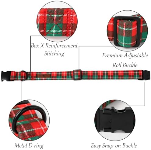 Lionet Paws Christmas Dog Collar, Cute Winter Red Green Dog Collar for Large Dogs, Adjustable Cotton Grid Pet Collars for Large Dogs