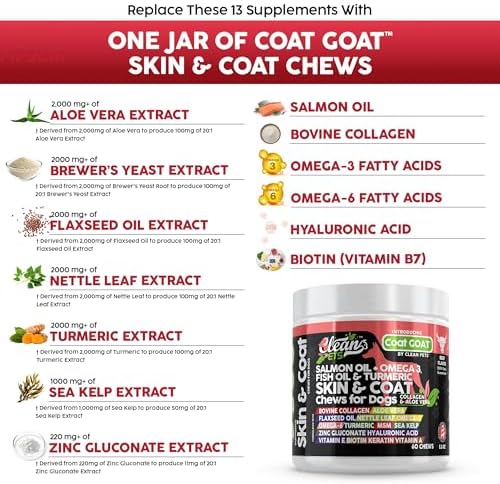 Clean Pets Salmon Oil Omega 3 Fish Oil for Dogs Skin and Coat Supplement | Dog Collagen Aloe Vera Biotin Keratin Flaxseed Nettle Leaf Sea Kelp Hyaluronic Acid Brewers Yeast Vitamin A - Coat Goat