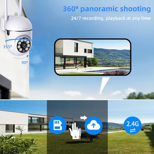 CKK 1080P Security Camera Outdoor Corded Power, 2 Pcs 2MP PTZ WiFi Home Camera (2.4G/5G Dual-Band), 360° Pan/Tilt, Color Night Vision, Motion Alerts, 2-Way Audio, Compatible with Alexa
