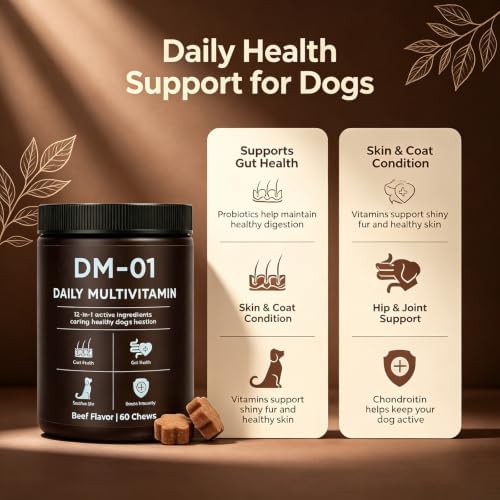 DM-01 Daily Multivitamin for Dogs, 12-in-1 Ingredientscaring for Your Dog's Health, Probiotics, Chondroitin & Vitamins, Skin & Coat, Gut, Hip Support, Beef Flavor, 60 Chews