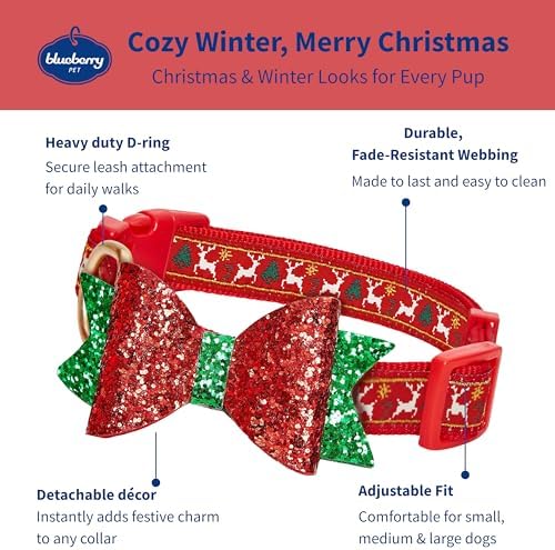 Blueberry Pet Christmas Dog Collar with Bow, Medium, Adjustable Holiday Collar for Medium & Small Dogs, Award-Winning Brand, Fits 14.5"-20" Neck