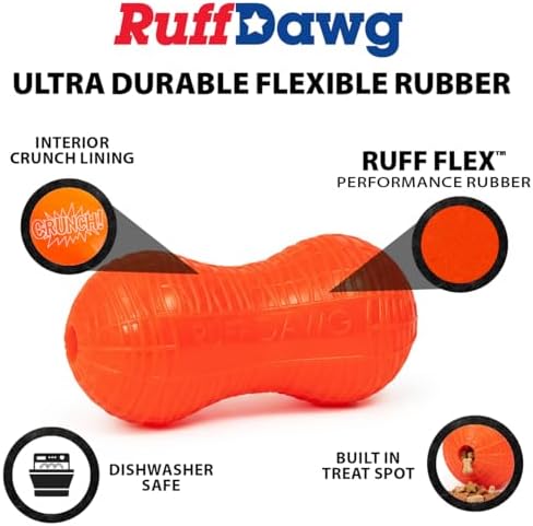 Ruff Dawg Crunchy Peanut Large 6.125” – (1 pc) Assorted Colors – Loud Crinkle Rubber Fetch Toy for Medium to Large Dogs – Ruff Flex Shell – Made in USA