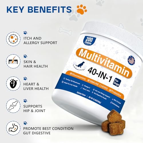 Dog Multivitamin, 40-in-1 Dog Vitamins and Supplements Chewable Contain Probiotics Omega-3 Glucosamine, Multivitamin for Dogs Skin Coat Heart Joint Liver Brain Eyes Immune Support (200ct)