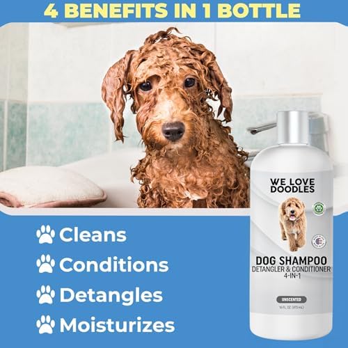 Dog Shampoo Conditioner & Detangler, Hypoallergenic Tearless Unscented 16OZ | For Sensitive Itchy Skin, Best Shampoo For Smelly Dogs, Goldendoodle, Poodle & Doodle, Puppy Pet Wash Soap, USA Made, 4-in-1