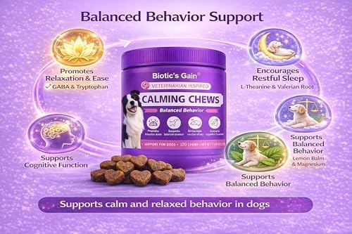 Biotic’s Gain Calming Chews for Dogs – Soft Calming Supplement with L-Theanine, Magnesium, Chamomile & Postbiotics – Supports Relaxed Behaviour & Daily Calm (120, Calming Chews)
