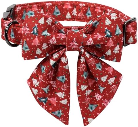 Lionet Paws Christmas Dog Collar with Sailor Bow, Cute Christmas Tree Red Dog Collar Bow Tie for Large Dogs, Neck 16-24 inches