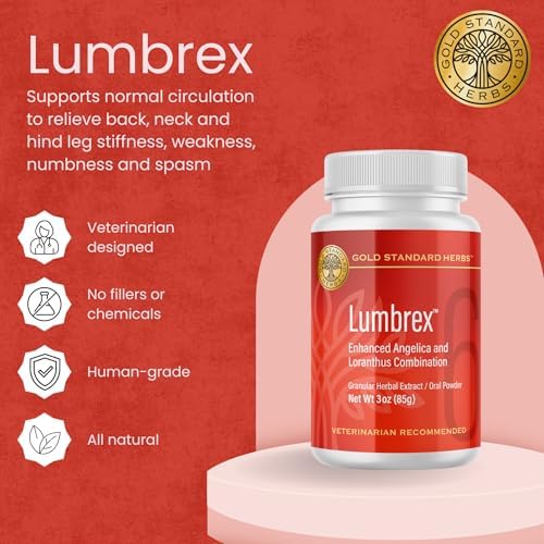 Lumbrex Joint Pain and Stiffness Relief for Dogs by Gold Standard Herbs, All Natural Angelica Root and Loranthus, 85 gram powder, White
