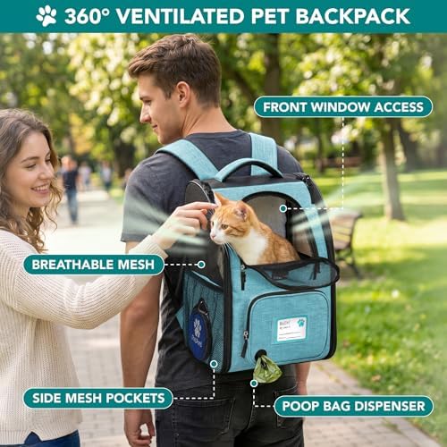 PetAmi Expandable Dog Backpack Carrier, Top Window & Multi-Entry, Up to 18 lbs, Teal Blue