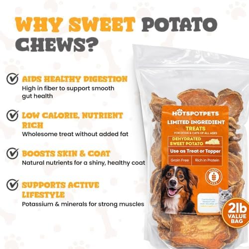 hotspot pets Sweet Potato Dog Treats 2lb Bag - All Natural, Single-Ingredient, Hypoallergenic Grain-Free Dog Chew for Sensitive Stomach, Rawhide Alternative