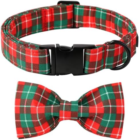 Lionet Paws Christmas Dog Collar, Cute Winter Red Green Dog Collar for Large Dogs, Adjustable Cotton Grid Pet Collars for Large Dogs