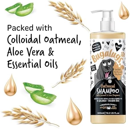 BUGALUGS Oatmeal & Aloe Vera Dog Shampoo Dog Grooming Shampoo Products for Smelly Dogs with Fragrance, Oatmeal Puppy Shampoo, Professional Vegan pet Shampoo & Conditioner