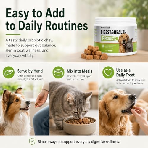Pets Probiotic Chews for Digestive Health & Gut Health Support, 5-Strain Blend, Prebiotics & Enzymes, Pumpkin, Papaya, Skin & Coat, Immune Support, Chicken Flavor, 100 Count