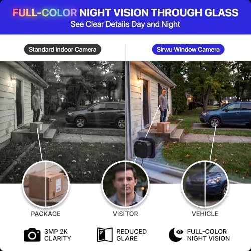 No-Drill Window Camera, 3MP 2K Camera for Home Security, View Outside Through Glass, Color Night Vision, Motion Alerts, 24/7 Recording, Dual-Band WiFi (Black, Square)