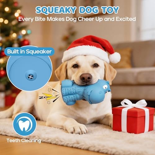 petizer Tough Squeaky Dog Toys for Aggressive Chewers - Durable Natural Latex Rubber Dog Toy with Real Beef Scent, Indoor & Outdoor Trainning Toy for Medium, Large Breeds - Blue Hippo