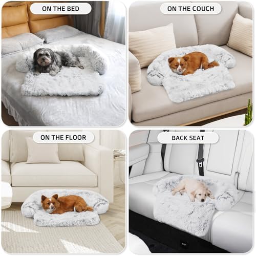 Calming Dog Bed Fluffy Plush Dog Mat for Furniture Protector with Removable Washable Cover for Large Medium Small Dogs and Cats (XS (31"x23.5"x5"), Light Grey)