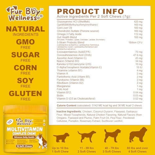 Daily Dog Multivitamin, Chewable Dog Vitamins and Supplements for Hip & Joints, Skin & Coat, Probiotics & Omega 3 Fish Oil for Dogs - Senior & Puppy Multivitamin - 90 Chews