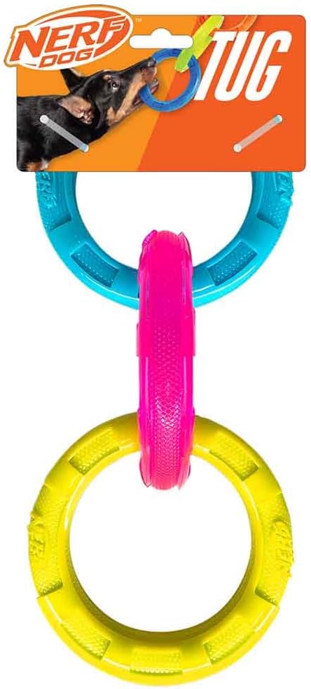 Nerf Dog 10.5in TPR 3-Ring Tug Dog Toy - Blue and Pink and Yellow
