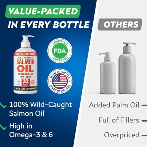 Wild Alaskan Salmon Oil for Dogs & Cats w/Omega 3 - EPA+DHA Fatty Acids