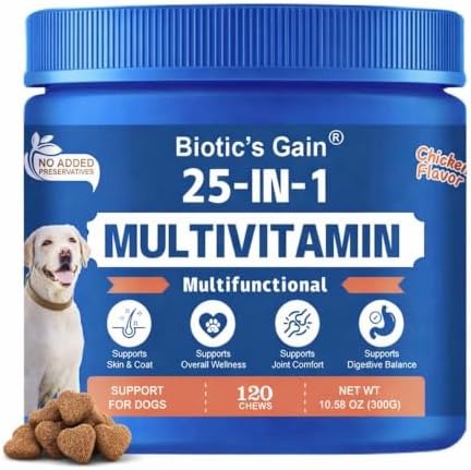 Biotic’s Gain 25-in-1 Multivitamin for Dogs | Chicken Flavour Soft Chews | Supports Skin, Heart, Hip & Joint and Gut Health | Daily Nutrient Boost for All Breeds (25 in 1 Multivitamins)