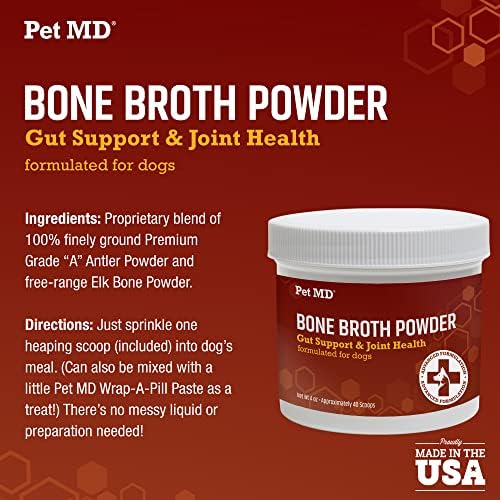 Pet MD Bone Broth for Dogs - Dog Food Toppers with Vitamins, Amino Acids, Natural Joint and Digestion Support - Made from Grade A Free Range Elk Bone Powder - 4 oz (Pack of 2)