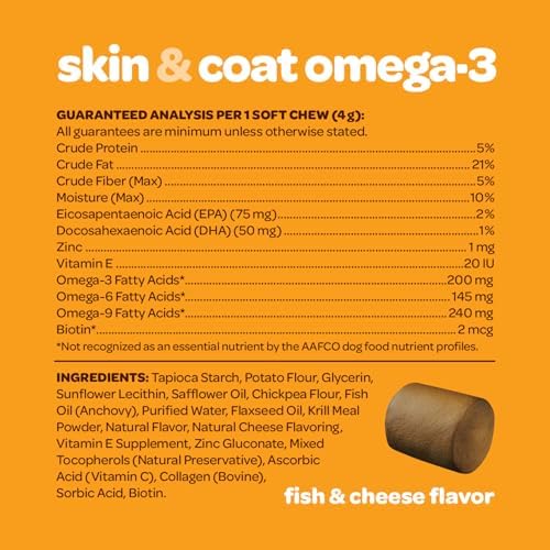 Skin and Coat Supplement for Dogs | Nourishing Omega 3 for Dogs with EPA DHA Krill Oil and Vitamin E | Dog Skin and Coat Supplement | 1 Chew up to 75lbs | NASC Certified & Made in the USA | 60 Chews