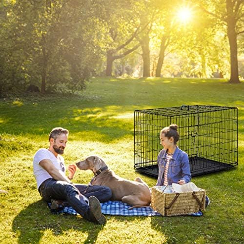 Dog Crate Dog Cage 42 Inches Folding Dog Kennel Double Door Travel Metal Dog Crate with Plastic Tray for Medium Dogs