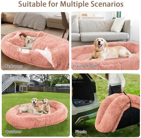 ROOMTEC Human Dog Bed, 78''x51''x12'' Size Fits Adult and Pet Washable Giant People Bed 10 CM Thick Memory Foam Large Oversize Pet Bed with Plump Pillow, Blanket, Strap - Pink