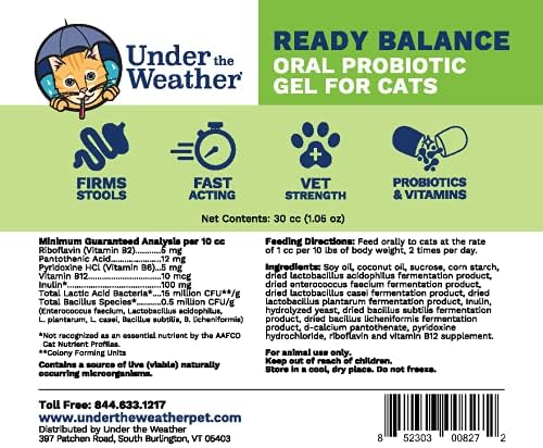 Under the Weather Pet | Ready Balance for Cats | Oral Probiotic and Prebiotic Gel | Maximum Strength Digestive Support | Beneficial Bacteria, Live Probiotics, Vitamins & Prebiotic Inulin