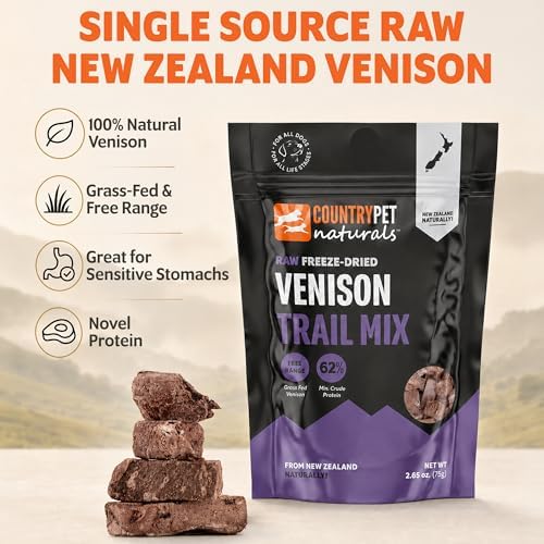 New Zealand Raw Freeze-Dried Venison Treats - Wild Novel Protein, Lung, Spleen, Kidney - 62% Protein, Grass-Fed, Single Ingredient, Grain/Gluten Free, Topper. 1-Pack