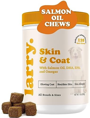 Larry Salmon Oil Dog Chews Skin Coat Omega 3 120 Count | Itchy Skin Allergy Relief, DHA EPA, Bone Joint Health, All Breeds Sizes