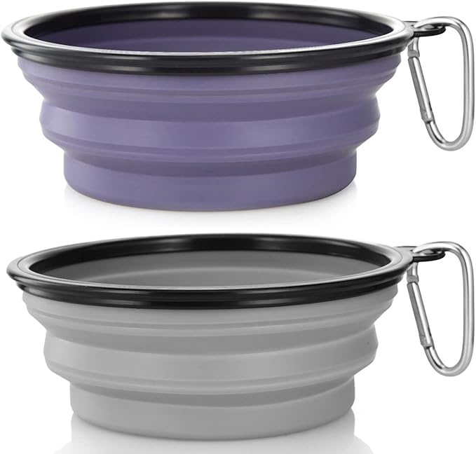 Dog Bowl, Large Collapsible, 2 Pack, with Carabiners, Purple & Concrete Gray