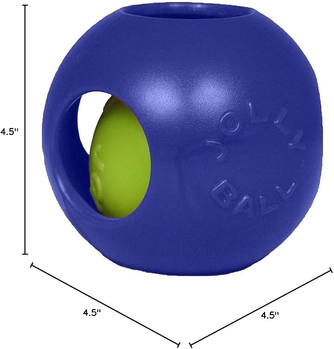 Jolly Pets Teaser Ball Interactive Dog Toy, 4.5 in Small, Blue | Ball-within-a-ball puzzle toy that floats - add peanut butter to the inner ball for extra fun