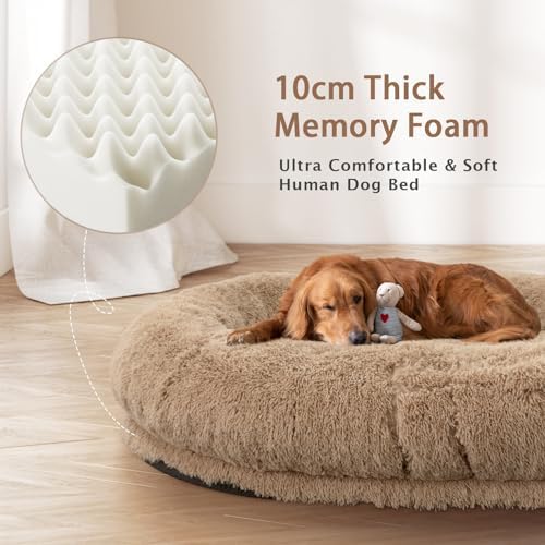 ROOMTEC Human Dog Bed, 78''x51''x12'' Size Fits Adult and Pet Washable Giant People Bed 10 CM Thick Memory Foam Large Oversize Pet Bed with Plump Pillow, Blanket, Strap - Khaki