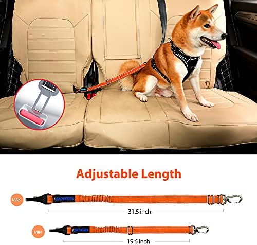 IOKHEIRA Dog Seatbelt - Orange, Adjustable Reflective Bungee, Aluminum Swivel Carabiner