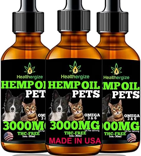 Healthergize Organic Hemp Oil for Dogs and Cats Pets-Calming, Hip, Separation, Skin, Fur, Health, Thunder Storm-Made in USA
