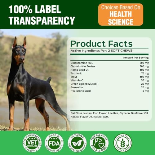 Glucosamine for Dogs – Dog Joint Supplement with Chondroitin, MSM, Turmeric & Hemp Seed Oil – Hip and Joint Supplement for Dogs, Mobility Support, Senior Dog Joint Chews – Made in USA – 120 Soft Chews