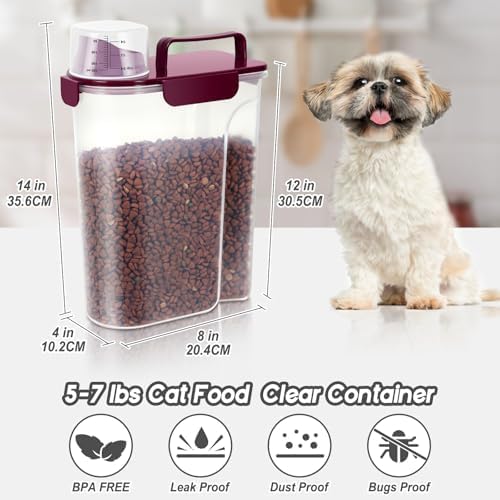 5-7Lbs Portable Cat Dog Food Storage Container with Upgraded Large Spout and Cup Dispenser, 3-Pack, 7Lbs, Brown